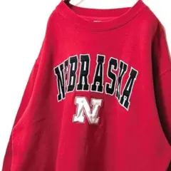 スタジアム ネブラスカ ロゴ刺繍 スウェットトレーナー レッド 赤 L 古着