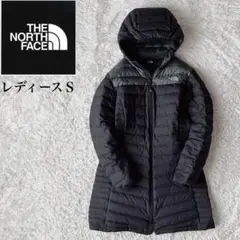 【美品】ノースフェイス ライトダウンコート フーディー ロゴ刺繍 グレー×黒