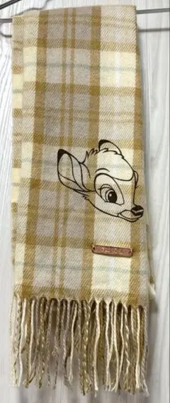 バンビ チェック柄 マフラー フリンジ付き ベージュ系 ディズニー