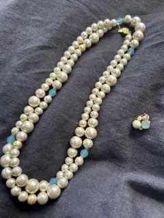 美品★コットンパールロングネックレス&イヤカフ