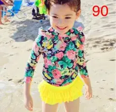 【90cm】イエロー 花柄フリルラッシュガードセット 3点《新品未使用》