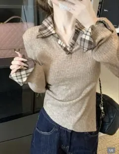 ポロネック 長袖レイヤード風スリムフィットウエスト ウェアトップス、春カジュアル