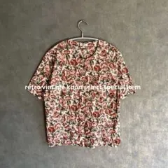 昭和レトロ花柄ブラウス　ノーカラーシャツ　ヴィンテージシャツ　総柄ブラウス　春服