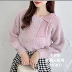 肩リボンワンショルフェザーニット　ピンク