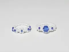 ビーズリング　青×白　2個セット