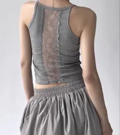 グレー レースバック タンクトップ