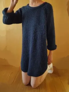GU⭐ワッフルニットワンピース　チュニック　ネイビー　Ｓ
