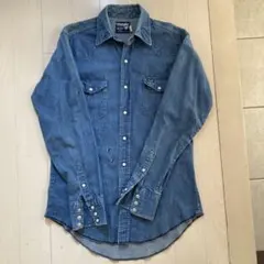 希少 80s USA製 Wranglerブラックデニムシャツ 裾カットオフ処理済