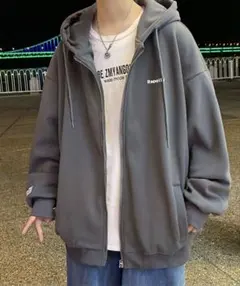 グレー オーバーサイズシンプルワンポイントロゴジップパーカー