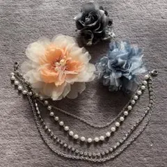 フラワーコサージュ パールチェーンネックレス　4点セット