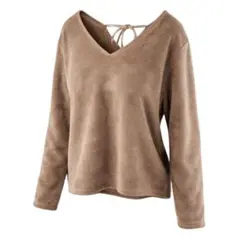 ナイスクラップ Vネック フェイクファー バックリボン ブラウン ニット