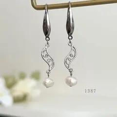 淡水パール(バロックパール) ＆ニュアンスウェーブ　ピアス　サージカルステンレス