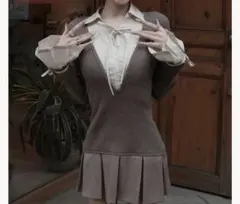 新品未使用　シャツドッキングプリーツミニワンピース　GRY