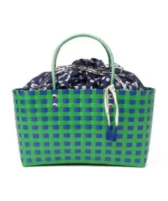 新品未使用　緑と青のチェック柄かごバッグ