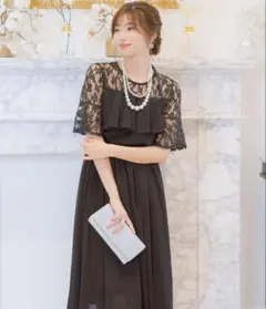 パーティー ドレス 二次会 Aライン フレア レーススリーブ ロングドレス