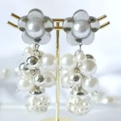 ❬166❭淡色フラワーのガラスドームパールピアス シルバー じゃら 大人可愛い