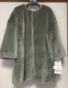 新品タグ付 自由区 ウールムートン ロングコート ノーカラー グレー 