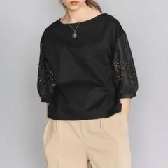 BEAUTY&YOUTH ジャージー×カットワークギャザースリーブカットソー 黒