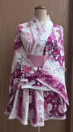 浴衣 浴衣ドレス 帯セット ピンク 姫 ギャル レース フリル 可愛い