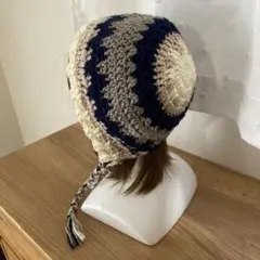 ハンドメイド＊ネイビーとベージュのバラクラバ・ボンネット・ビーニー・ニット帽