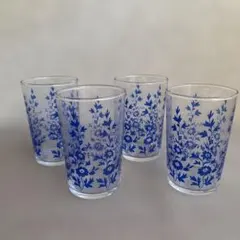 【昭和レトロ】青い花柄のグラス 4個セット　佐々木硝子　タンブラーセット