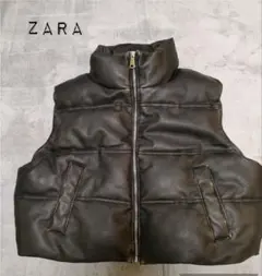 ZARA 合成皮革ダークブラウン ダウンベスト M