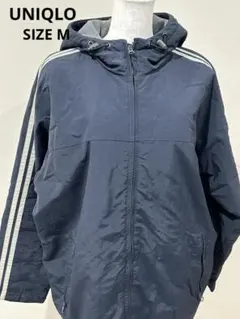 ユニクロ ナイロンジャケット M 紺 ライン フード付 オーバーサイズ