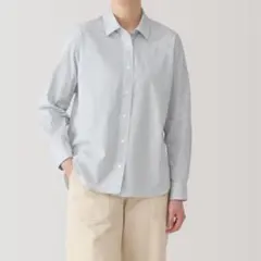 無印良品　婦人洗いざらしブロードレギュラーカラー長袖シャツL オフ白ストライプ