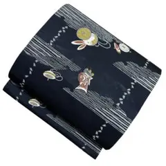 ユ165美品名古屋帯 唐織兎　魚と駒　濃紺青　着物帯　仕立て上り