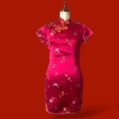 ◎チャイナドレス ベリーピンク 半袖 ミニ丈 ワンピース 民族衣装 刺繍 サテン