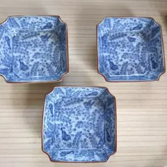 昭和レトロ深皿3まい／ブルー／鳥柄