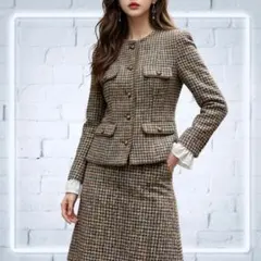 ブラウン系ノーカラーツイードジャケットセットアップ2点(ジャケット+スカート)