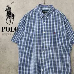 古着 90s ポロ ラルフローレン 刺繍 チェック シャツ ブルー×グリーン