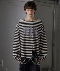 【GRANCY】総柄ラインストーングラフィックロンT ボーダー