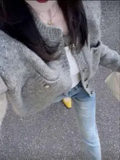 シーイン　グレー ニットカーディガン ボタン付きS