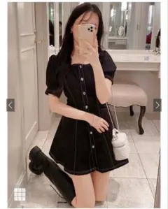 GRL グレイル　スクエアネック配色ステッチフレア　ミニワンピース Lサイズ