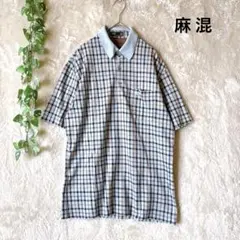 a2055麻混ダックス 日本製 麻混 涼感 チェック柄 半袖 ポロシャツMブルーのサムネイル