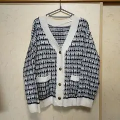 GU ジーユー　ツィード風ボタン付きカーディガン 長袖 ホワイト×ブラック