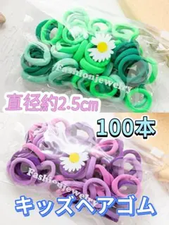 【100本セット】キッズ ヘアゴム 直径約2.5cm パープル＆グリーン　髪ゴム