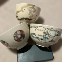 抹茶碗　茶碗　３客　手毬　うさぎ　草花