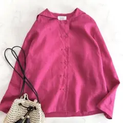 アンタイトル リネンレーヨン バンドカラーギャザーブラウス 