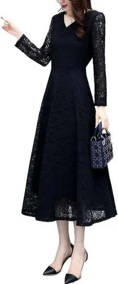 Mサイズ　Vネック　総レース　長袖ロングワンピ—ス　レディース