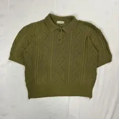 日本製 ケーブルニット ポロ 半袖 ショート丈 オリーブ M相当 古着
