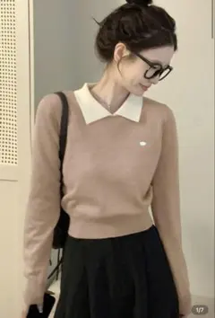 お値下げ！韓国風ポロカラーニット ベージュ／M相当