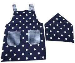 1回着用 美品 子供用 エプロン 三角巾セット ネイビー 水玉 110サイズ