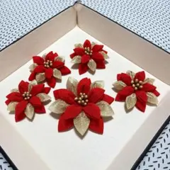 つまみ細工ポインセチア5点セット赤×ゴールド／クリスマス飾り・ハンドメイド素材に