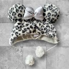 ディズニー　ファンキャップ　ミニーヒョウ柄　ファー帽子 シルバーリボン付き