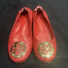 ★トリーバーチ★レッド レザー フラットシューズ ゴールドロゴ 赤