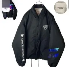 グッドデザイン古着 裏ボアビッグプリントブラックナイロンコーチジャケットゆったり