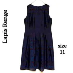 ラピスルージュ　ノースリーブドレス 11号　総柄　膝丈　フレア　上品　ネイビー